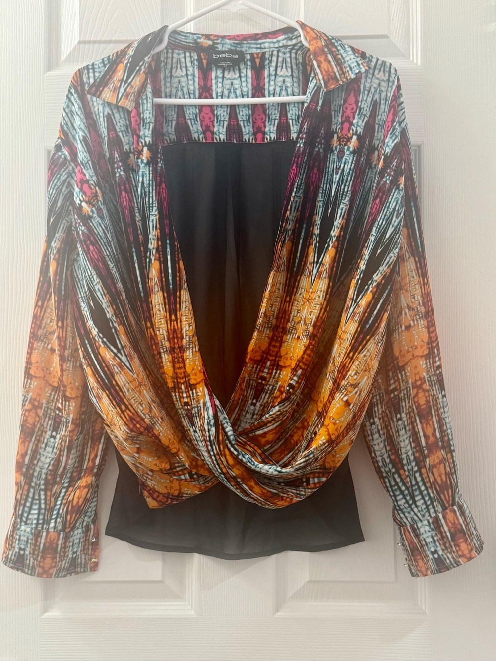 bebe Orange Black Multi-Print Draped Collared Blouse, Size M